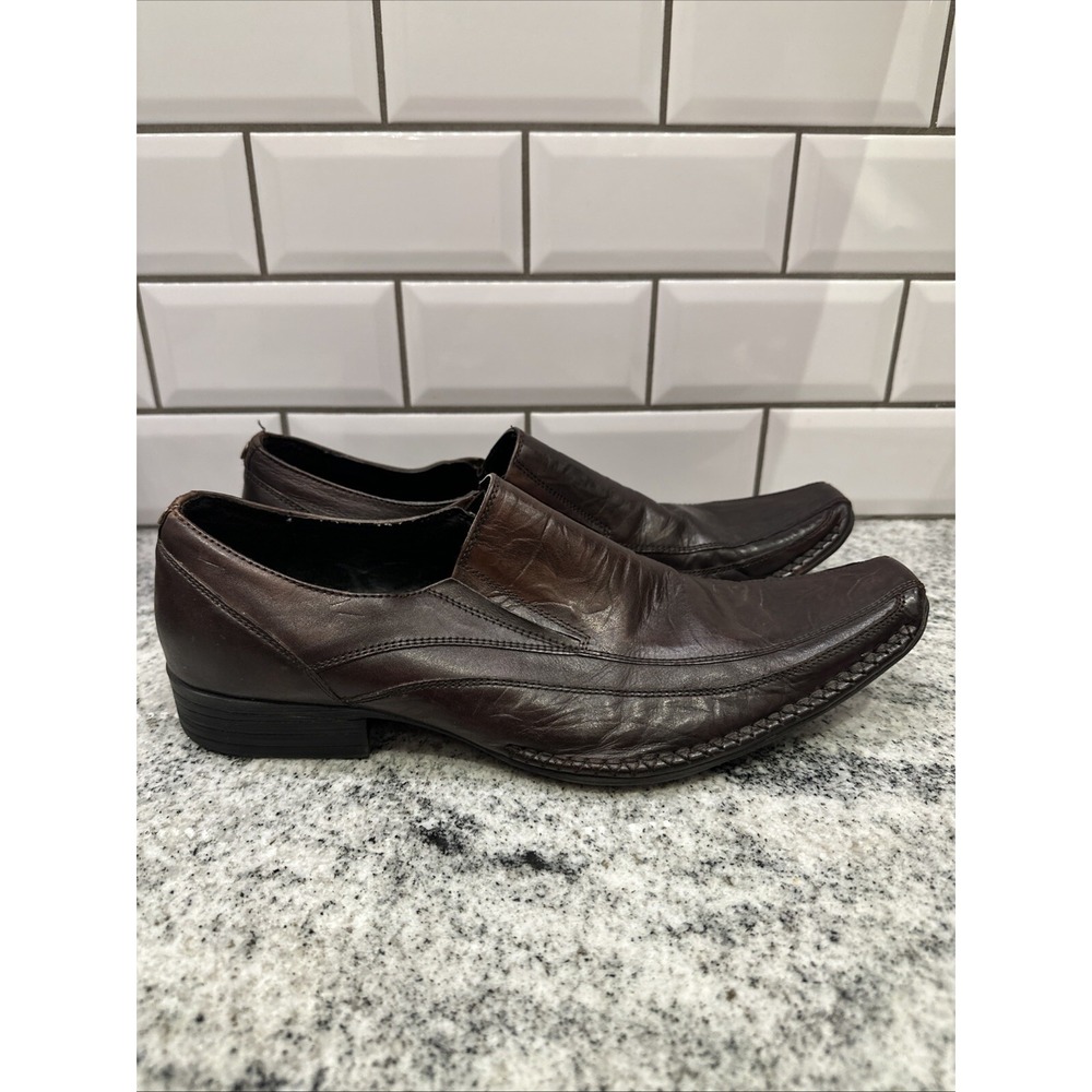 Rock & Republic Mens Loafers Dark Brown Leather Square Toe Slip On Dress Shoes
